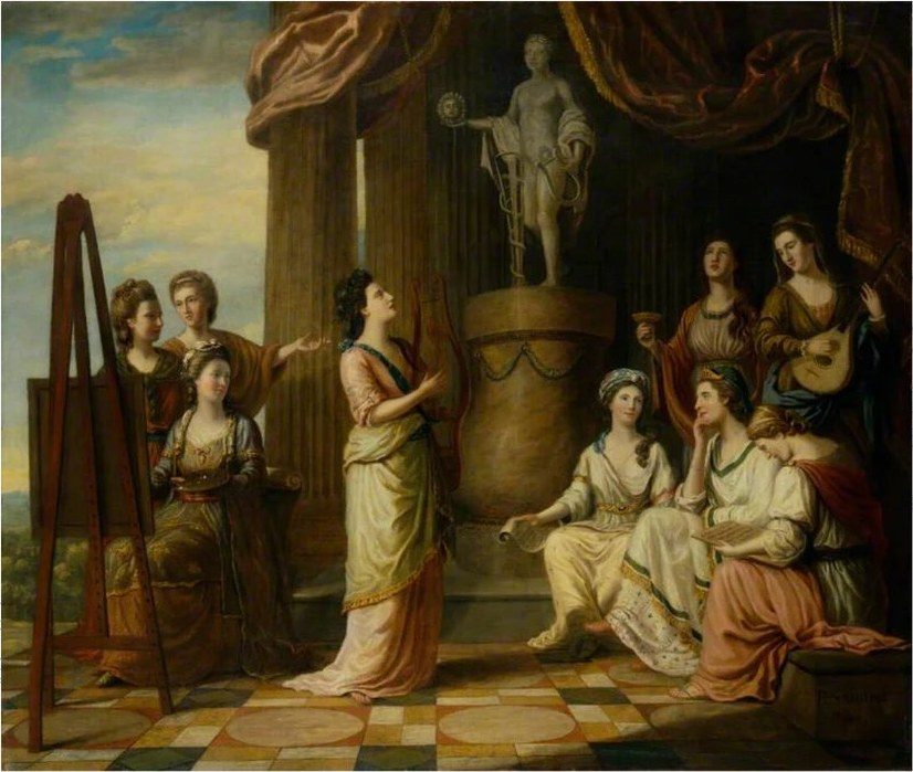 理查德·塞缪尔油画《阿波罗神庙中化身缪斯的女子们》(1778),画中蓝袜女学者被描绘成希腊神话中的九位缪斯女神