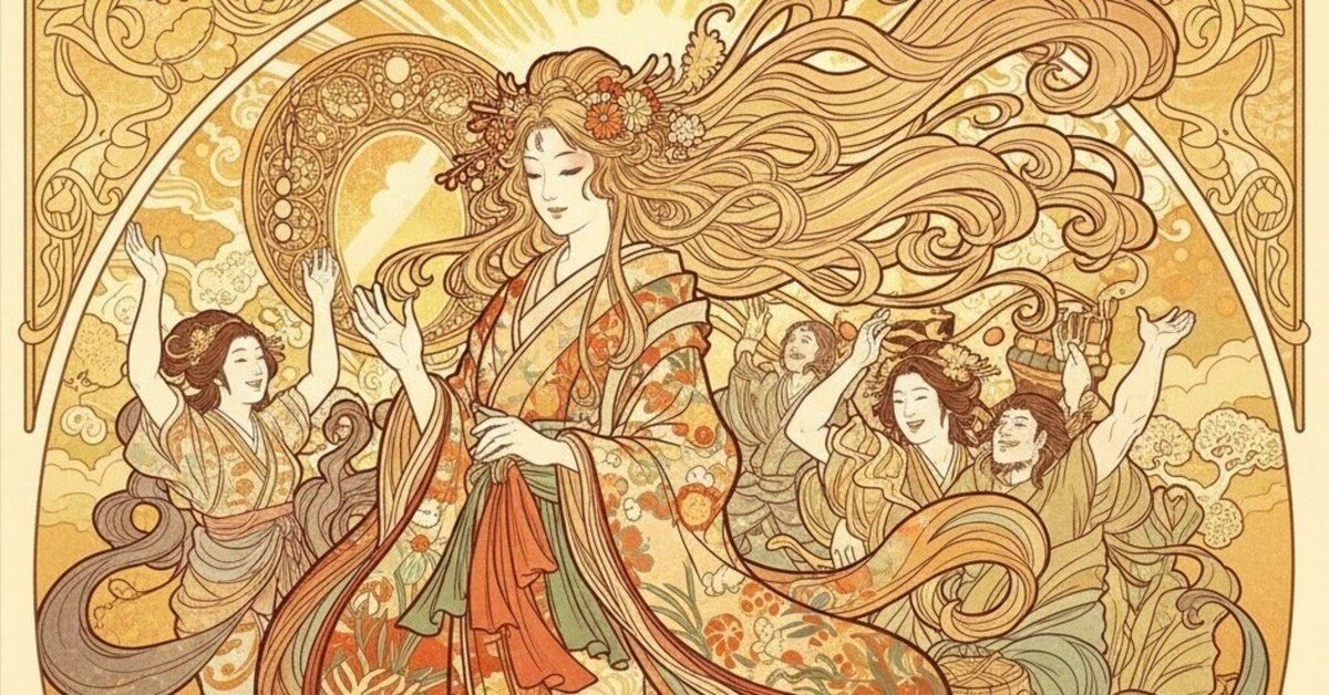 新艺术风格插画:长发飘扬、周身放光的太阳女神被一群欢欣的女性簇拥