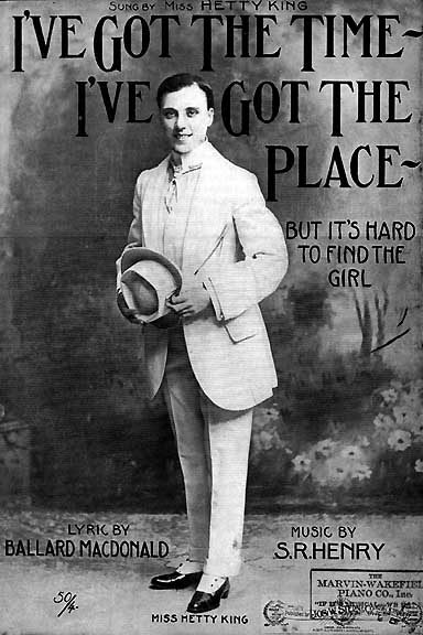 海蒂·金演唱曲目《I've Got the Time, I've Got the Place》的曲谱封面,她身着浅色西装、手持草帽